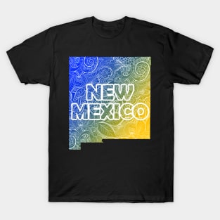 Colorful mandala art map of New Mexico with text in blue and yellow T-Shirt